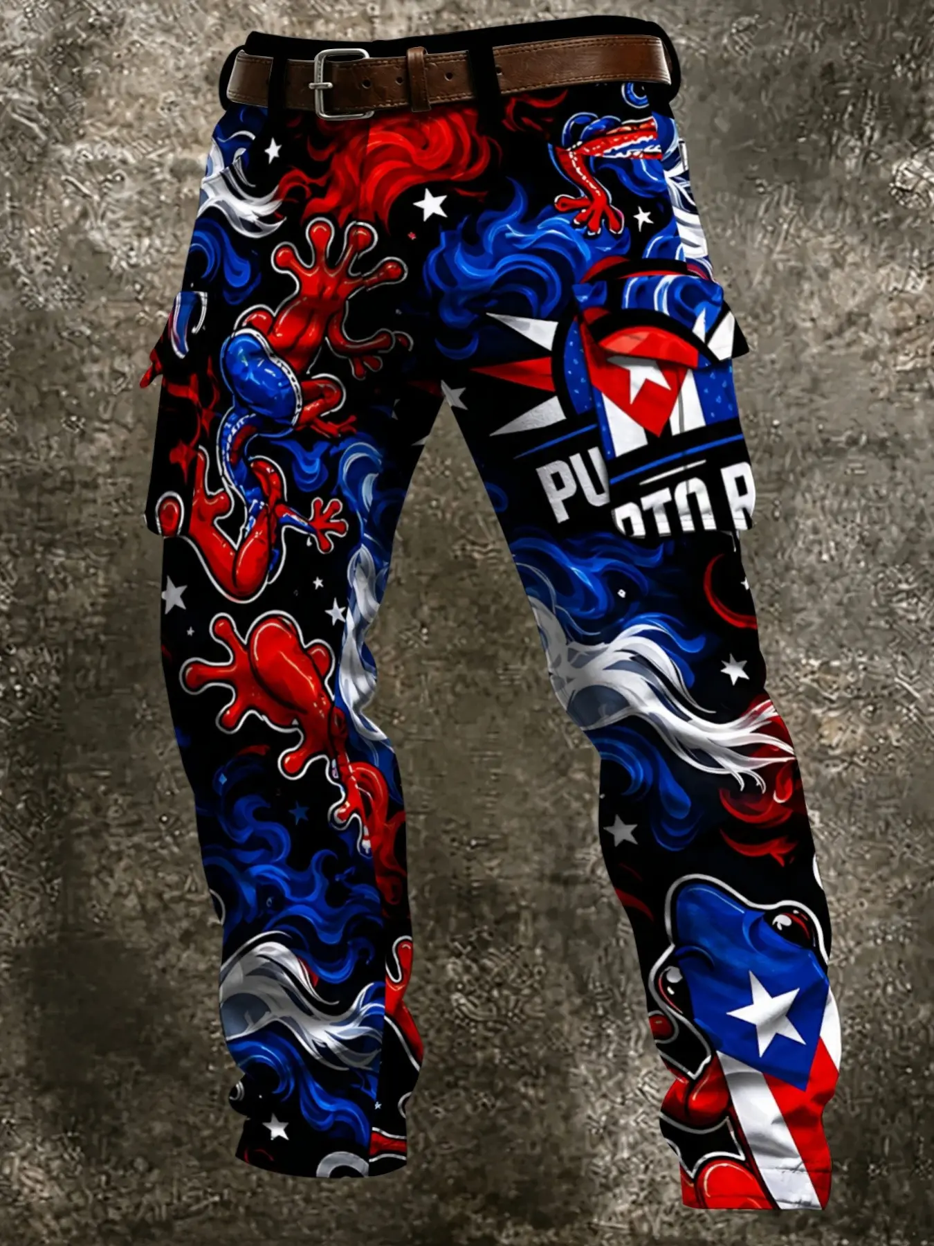Puerto Rican Patriotic Lizard Pattern Cargo Pants, Flame Print Side Pockets, Hip-Hop Trendy Long Trousers, Casual All-Season Wear