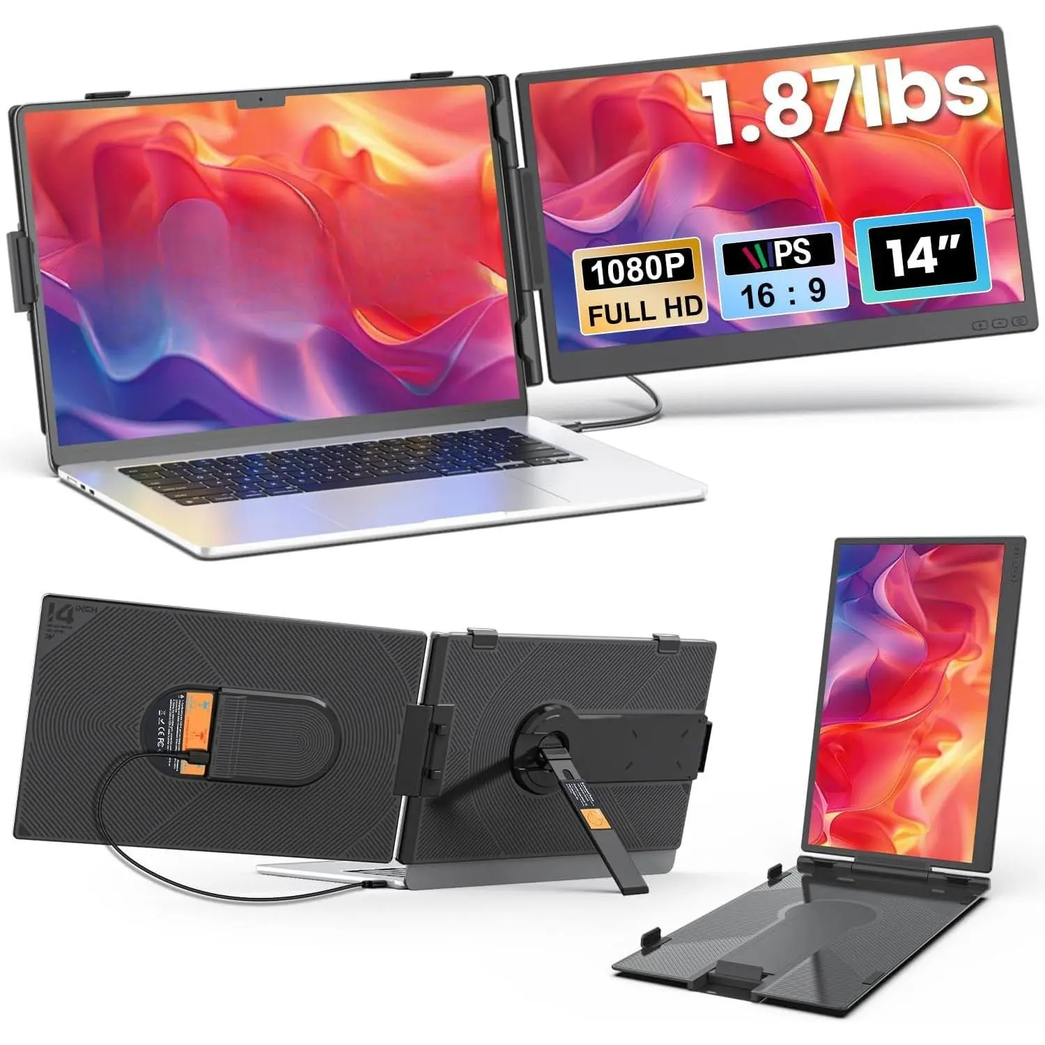 Laptop Screen Extender 1.87lbs Ultra-Portable & Ultra Slim, 14.2" FHD 1080P  Portable  for 14"-17.3" Laptop, Plug & Play Travel  Extender Compatible with Wins//Chrome/Android