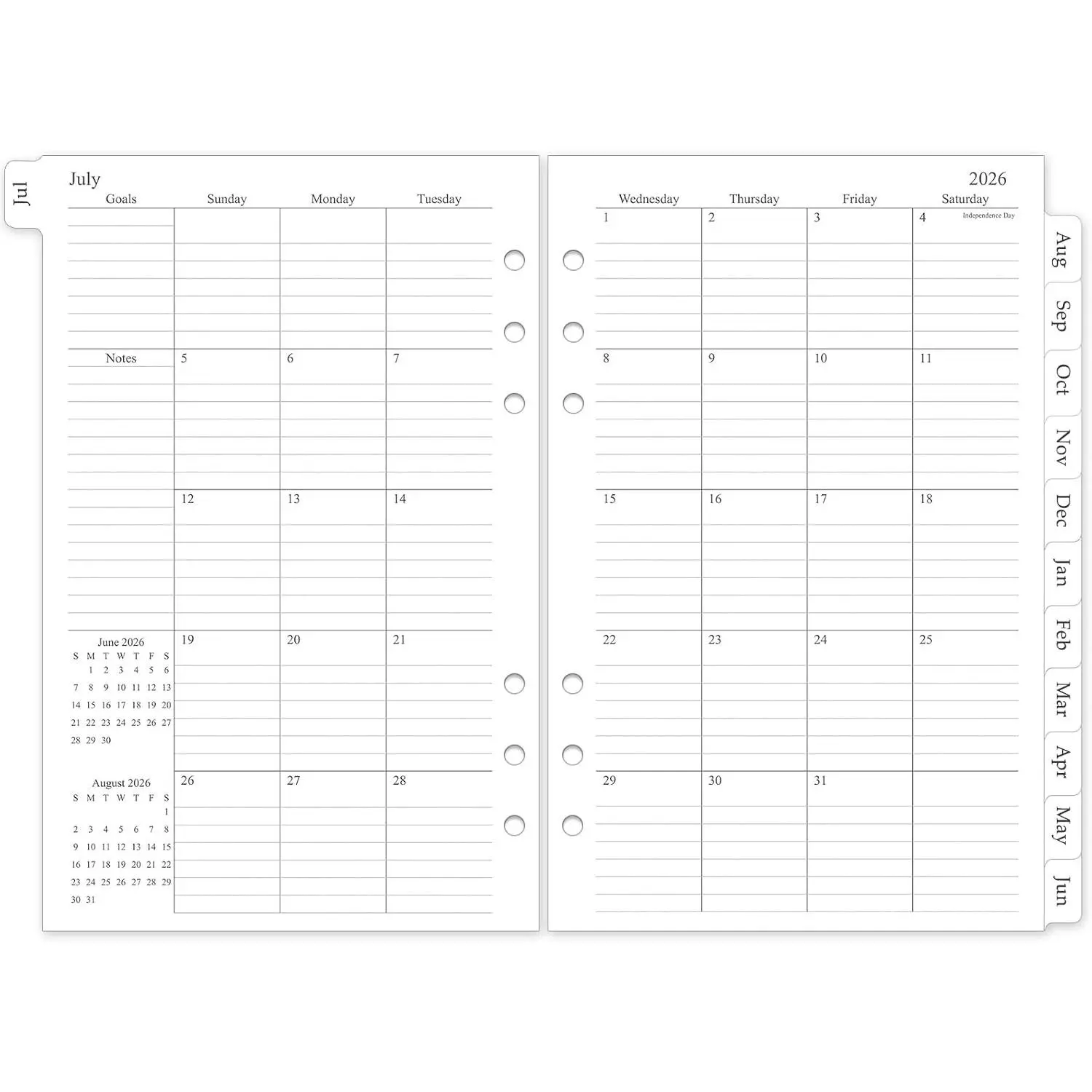 Rectangular 6-Hole Punch A5 Refillable Monthly Planner Refill Paper Insert, 5.5"x8.5" Medium Size, Design-Focused, Jul 2026-Dec 2027 18 Monthly View Calendars with Laminated Tabs for Efficient Planning