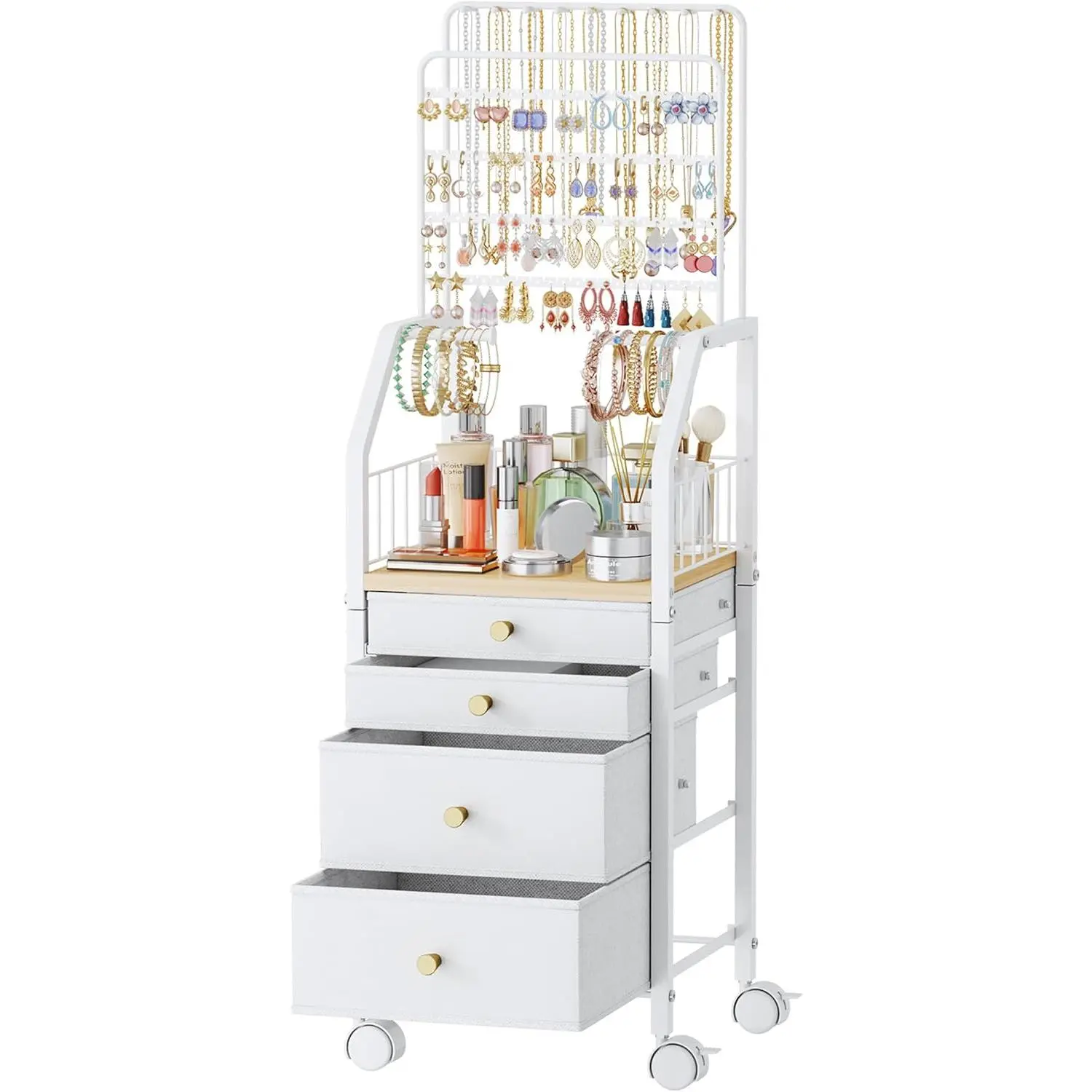 4-Tier Fabric Drawer Jewelry Storage Rack, Large Capacity Organizer for Necklaces Earrings Rings, Portable Cosmetic Display Shelf
