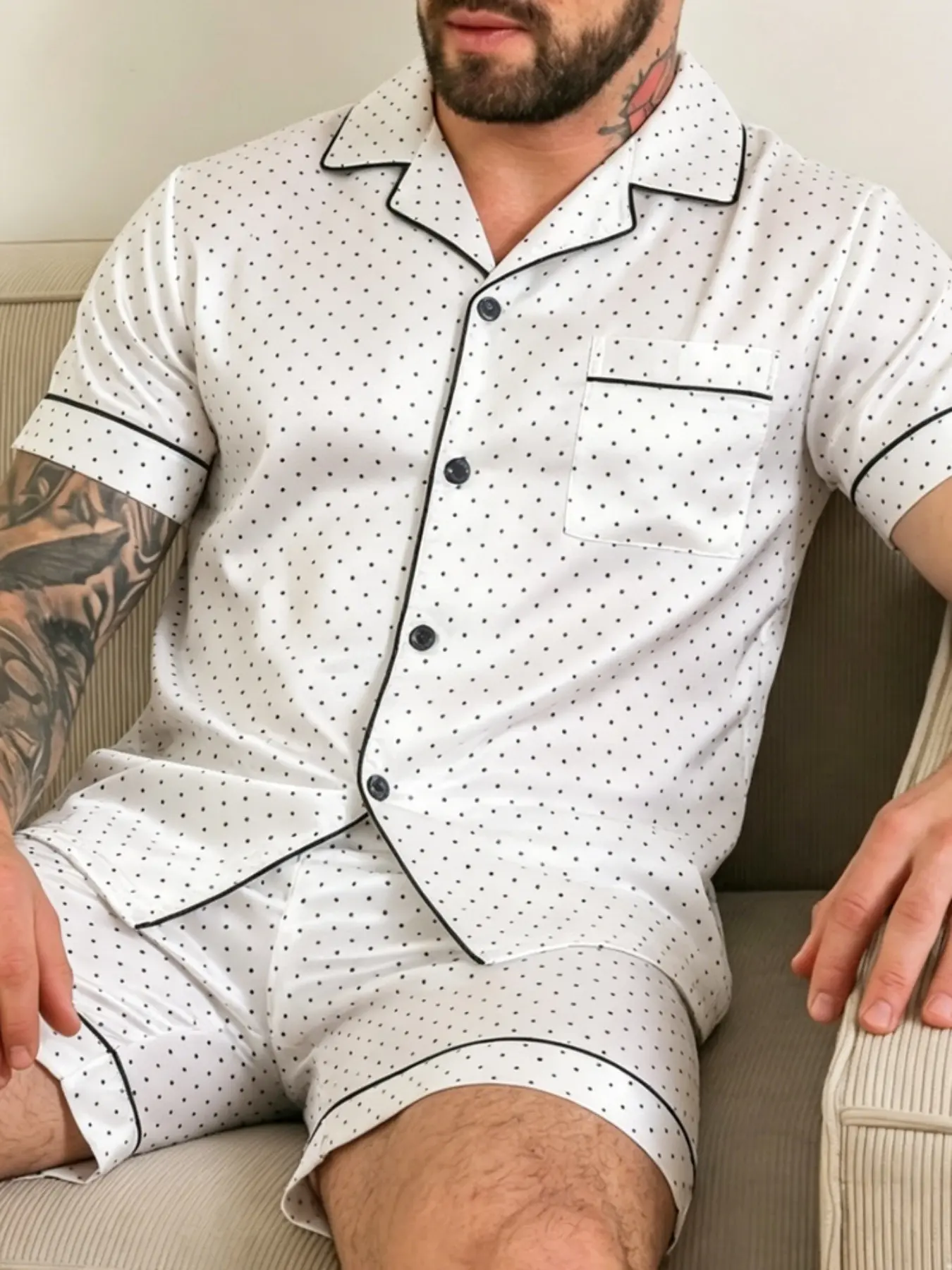Summer Short Sleeve Pajama Set for Men, Casual Comfortable Loose Fit, Polka Dot Pattern, Button Front, Two-Piece, Home Wear, Loungewear, Summer Pajamas, Summer Pjs