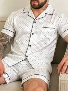 Summer Short Sleeve Pajama Set for Men, Casual Comfortable Loose Fit, Polka Dot Pattern, Button Front, Two-Piece, Home Wear