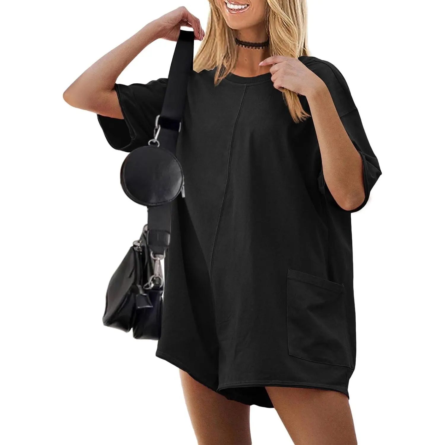 Women's Summer Short Sleeve Oversized T-Shirt Romper Jumpsuit with Pockets, Reversible Baggy Loose Fit Maternity One Piece Shorts Romper