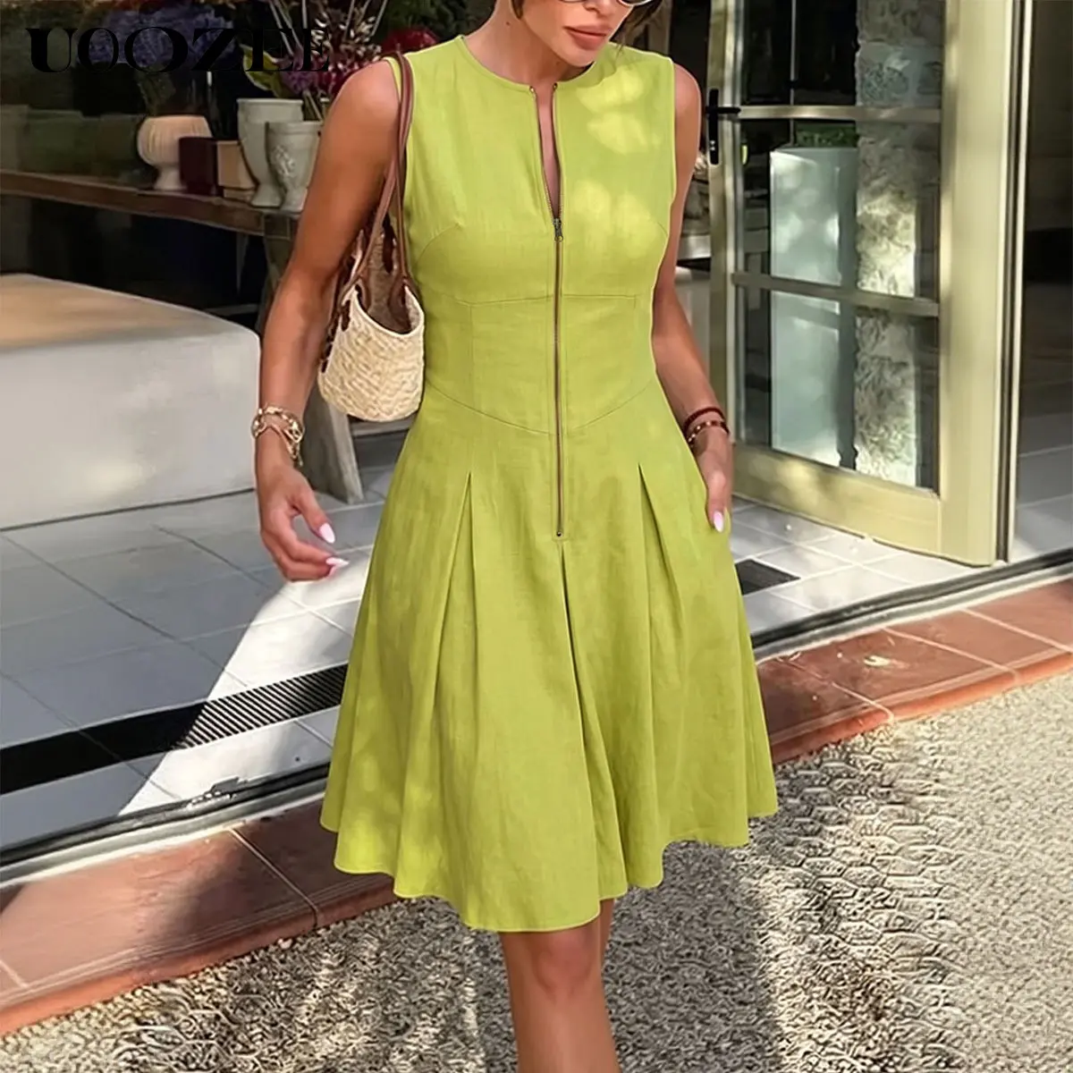 UOOZEE Women's Sleeveless Front Zip Fit & Flare Mini Dress, Center Front Zipper Smocked Back Waist Mini Skater Dress, Fitted Bodice Pleated Flare Skirt with Side Pockets, Size Up 2 for Full Cups, Curvy Summer Casual Dress