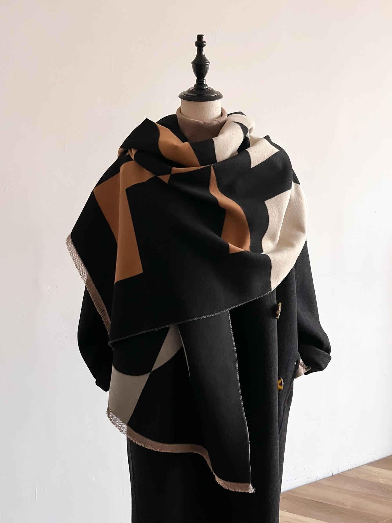 Women's Colorblock Double-sided Fringe Trim Shawl, Casual Soft Warm Long Scarf for Fall & Winter, Fashion Accessories for Daily Wear, Valentine's Day Gift