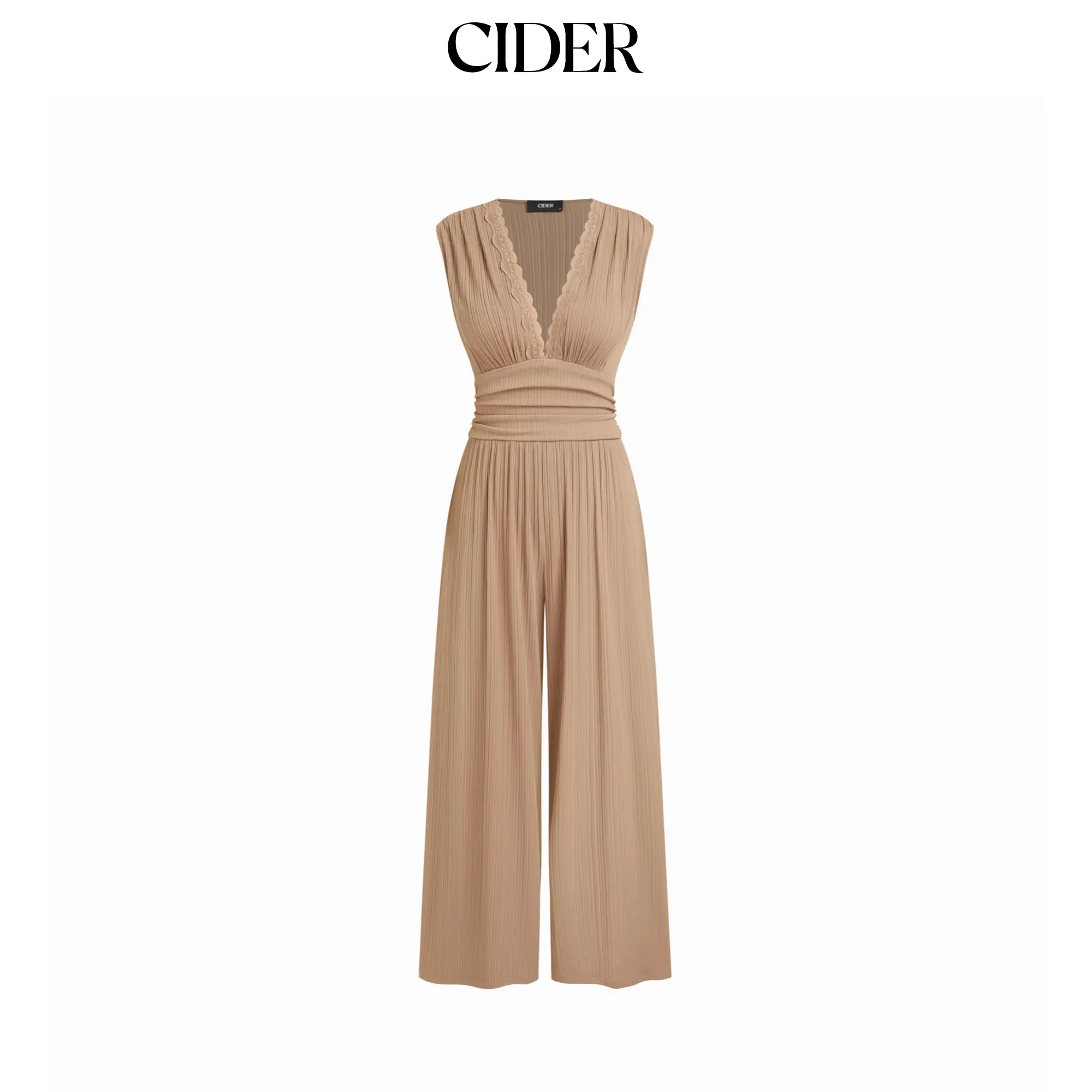 Cider V-neck Lace Trim Ruched Wide Leg Jumpsuit