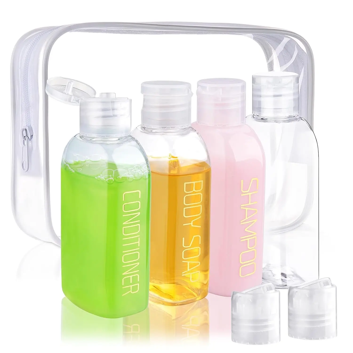 4 count 3.4 oz Leakproof Squeeze Bottles Travel Kit | TSA Approved, Preprinted with SHAMPOO, CONDITIONER and  SOAP, Refillable  Containers Travel Essentials