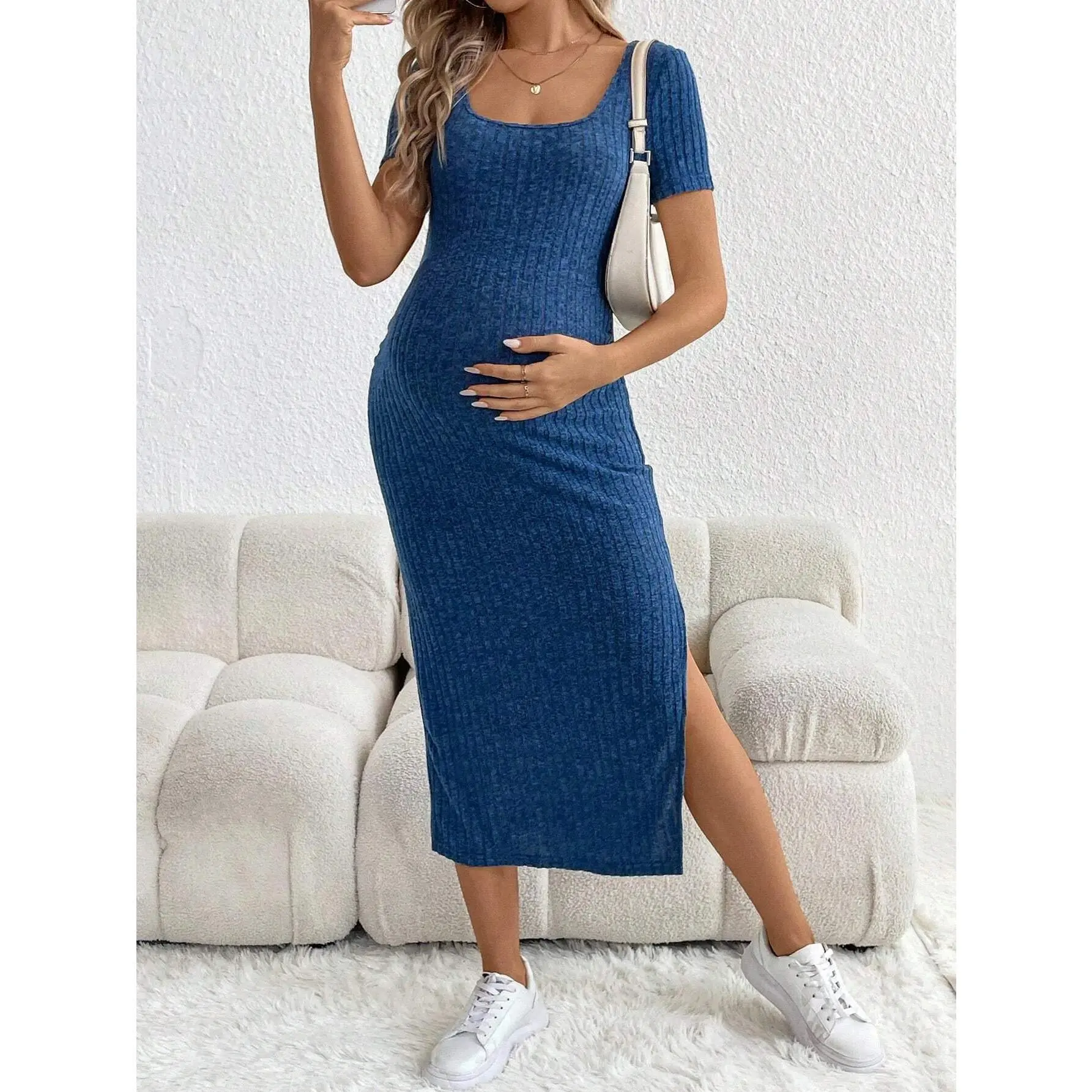 Pregnancy clothesWomen's Maternity Short Sleeve Dress - Summer Casual Blue Hip-Hugging Versatile Comfortable Maternity Wear