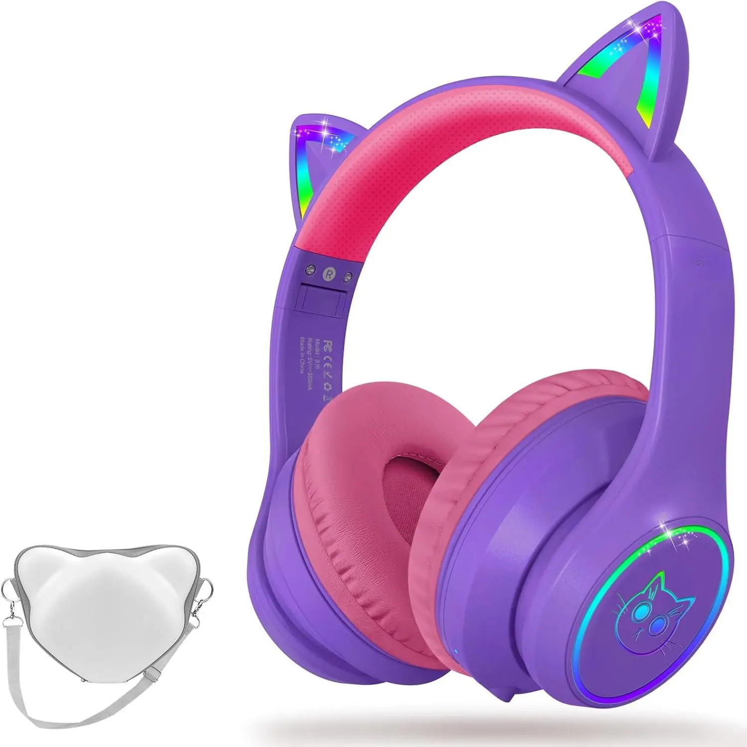 Bluetooth 5.4 Headphones with Case - RGB LED Light Up Cat Ears Foldable Adjustable Over Ear Headphone Support Wireless or 3.5mm Wired Mode for Toddler & Girls & Boys Teens