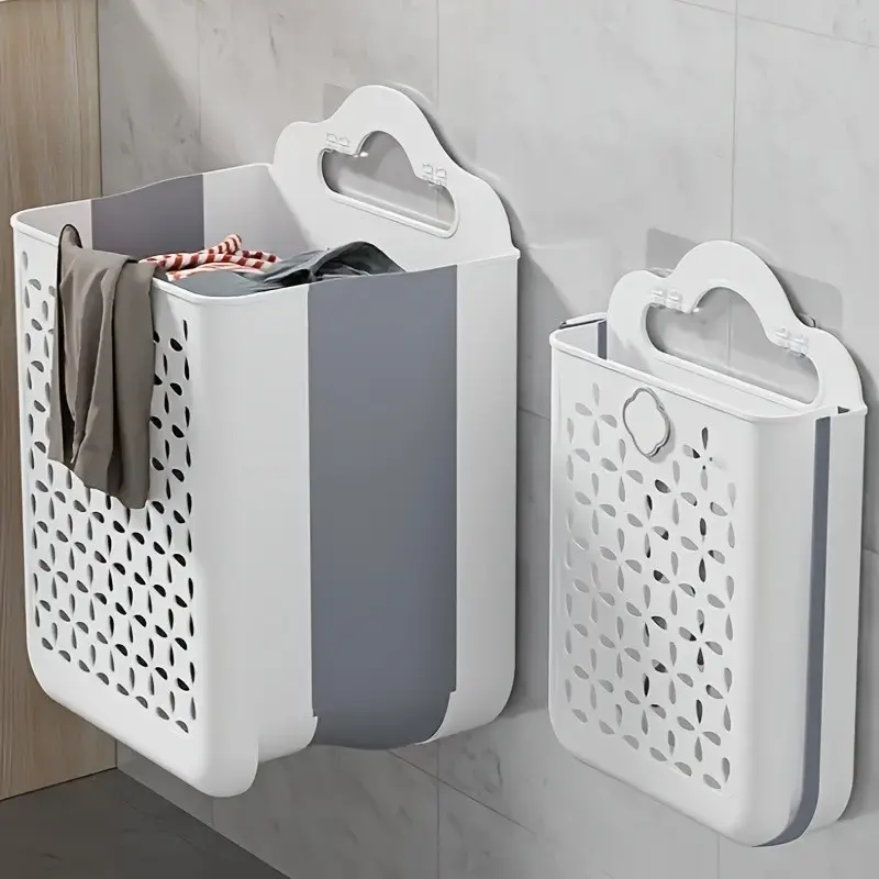Foldable Storage Basket - Wall-Mounted Or Freestanding Laundry And Multi-Basket Suitable for Kitchen, Bathroom, Bedroom - Plastic Rectangular Design with Handle, Space-Saving Foldable Basket for Clothes,, Snacks, Laundry Baskets