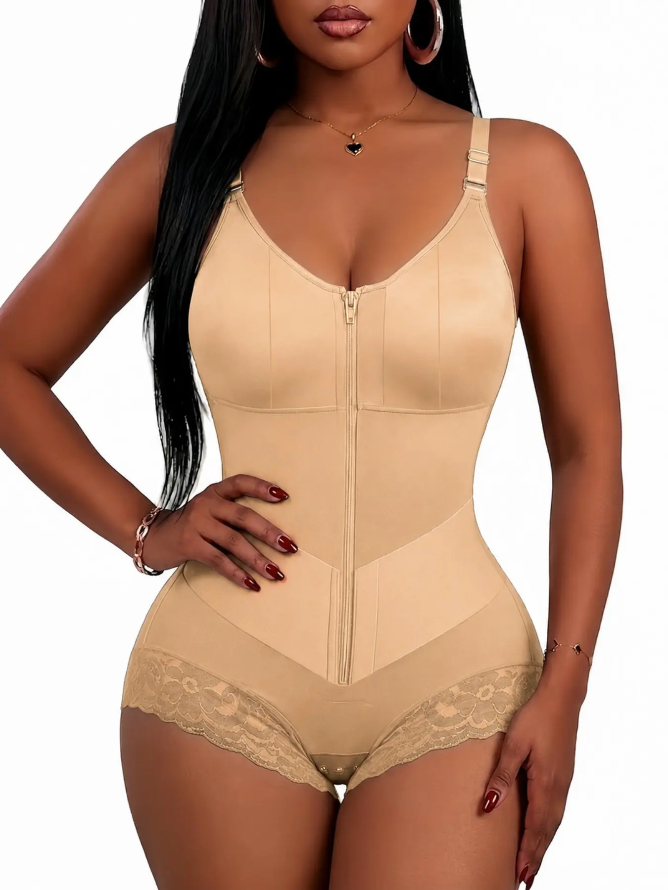 1 Count Women's Butt Lifting & Tummy Control Body Shaper, Colombian Shapewear, Fajas, V-Panel Abdomen Targeted Compression Body Shaperwear, Front Zipper Closure Curves Shapewear, Lace Trim Hem Shapewear Bodysuit, Suitable For Fashion Looks & Daily Outings