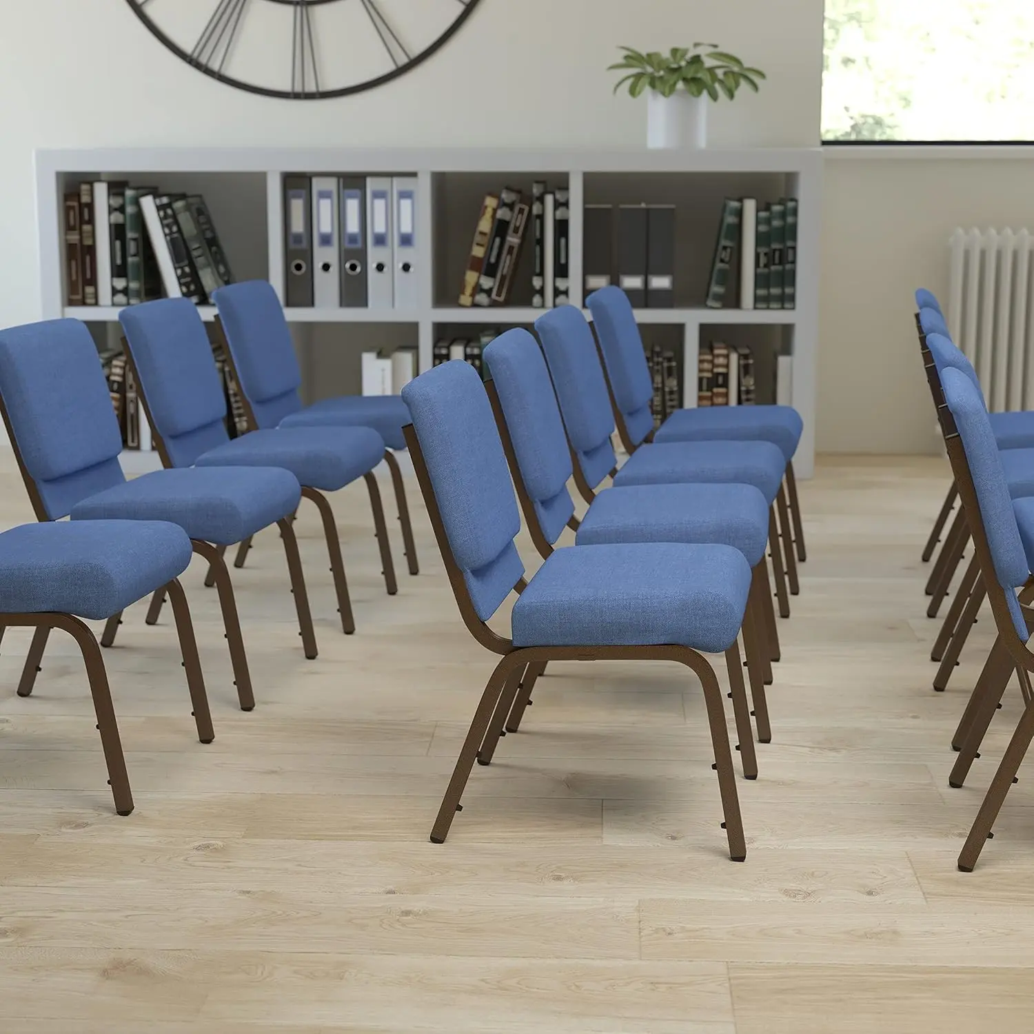 21" W Stacking Church Chair in Blue Fabric - Gold Vein Frame