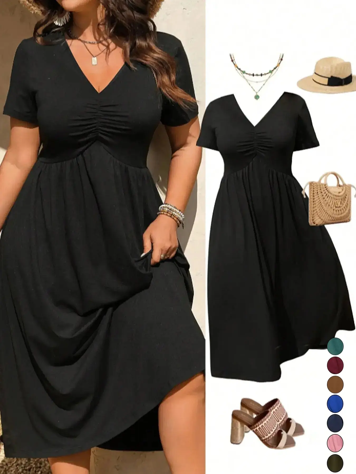 Plus Size V-Neck Ruched Short Sleeve Midi Dress, Casual Summer Flowy A-Line Dress, Women's Fashion Clothing, Casual Wear