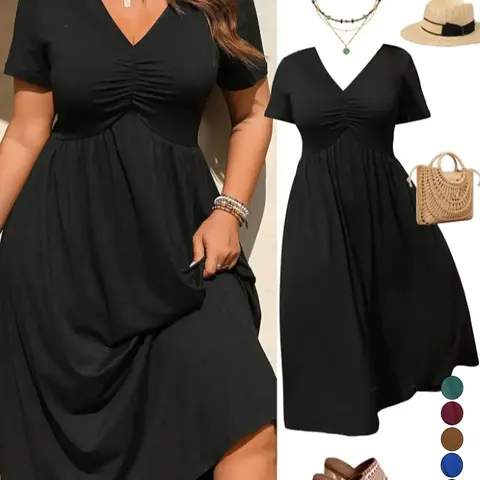 【Black Friday】Plus Size Basic V-Neck Ruched Short Sleeve Midi Dress, Casual Flowy A-Line Dress for Summer, Women's Fashion Clothing