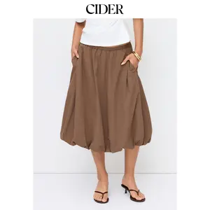 Cider Ruched Bubble Hem Mid Rise Oversized Midi Skirt