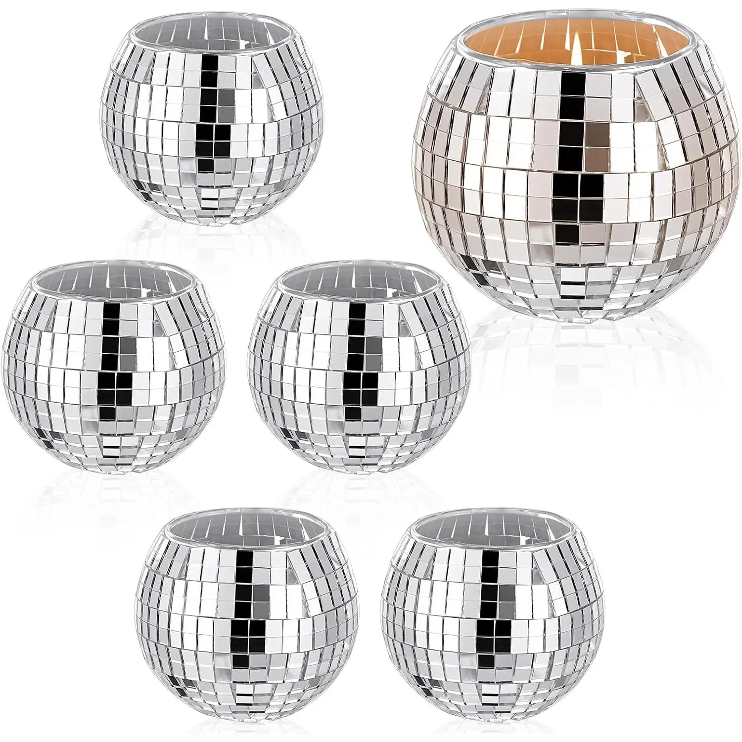 6 Pcs Disco Ball Candle Holder Set, Silver Mirror Glass Tea Light Holders for Wedding Party Centerpiece, Home Table Decor, Christmas NYE Celebration