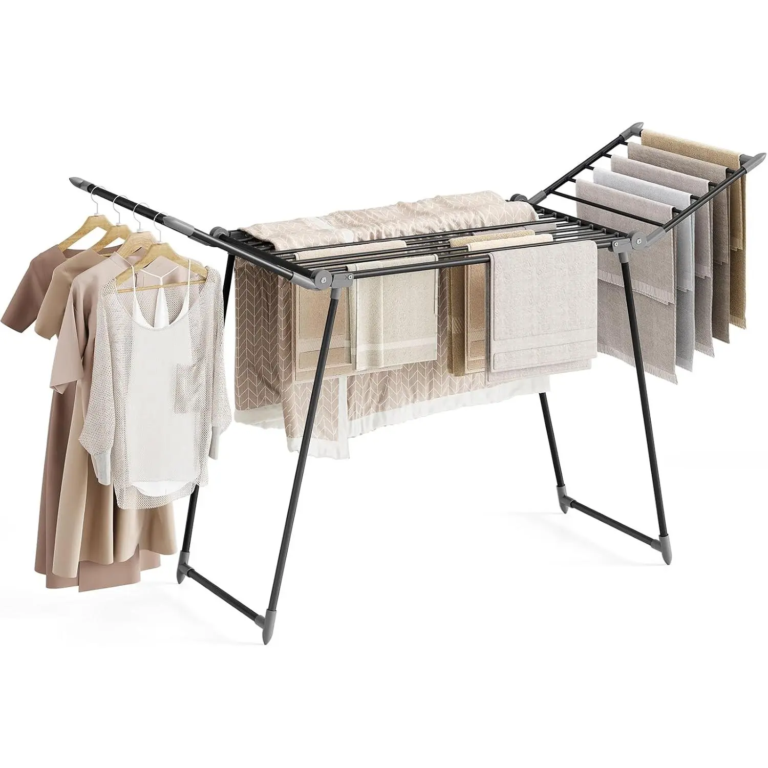 Large Foldable Clothes Drying Rack - Heavy Duty Metal Winged Laundry Airer for Indoor Outdoor Use, Space-Saving, Fits Bedding Towels Sweaters, 68.9 x 22 x 41.3 Inches, Black