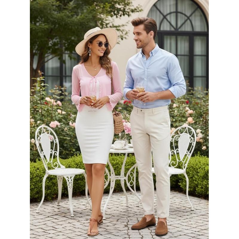 Womens Sheer Shrug Tie Front Long Bell Sleeve Mesh Bolero Lightweight Summer Casual Short Shawl Top