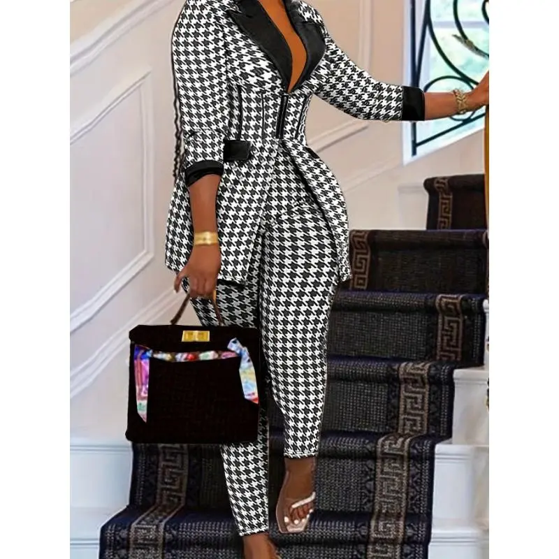Women's Plus Size 2 Piece Casual Suit Set Houndstooth Print Long Sleeve Lapel Collar Blazer & Pants Outfits
