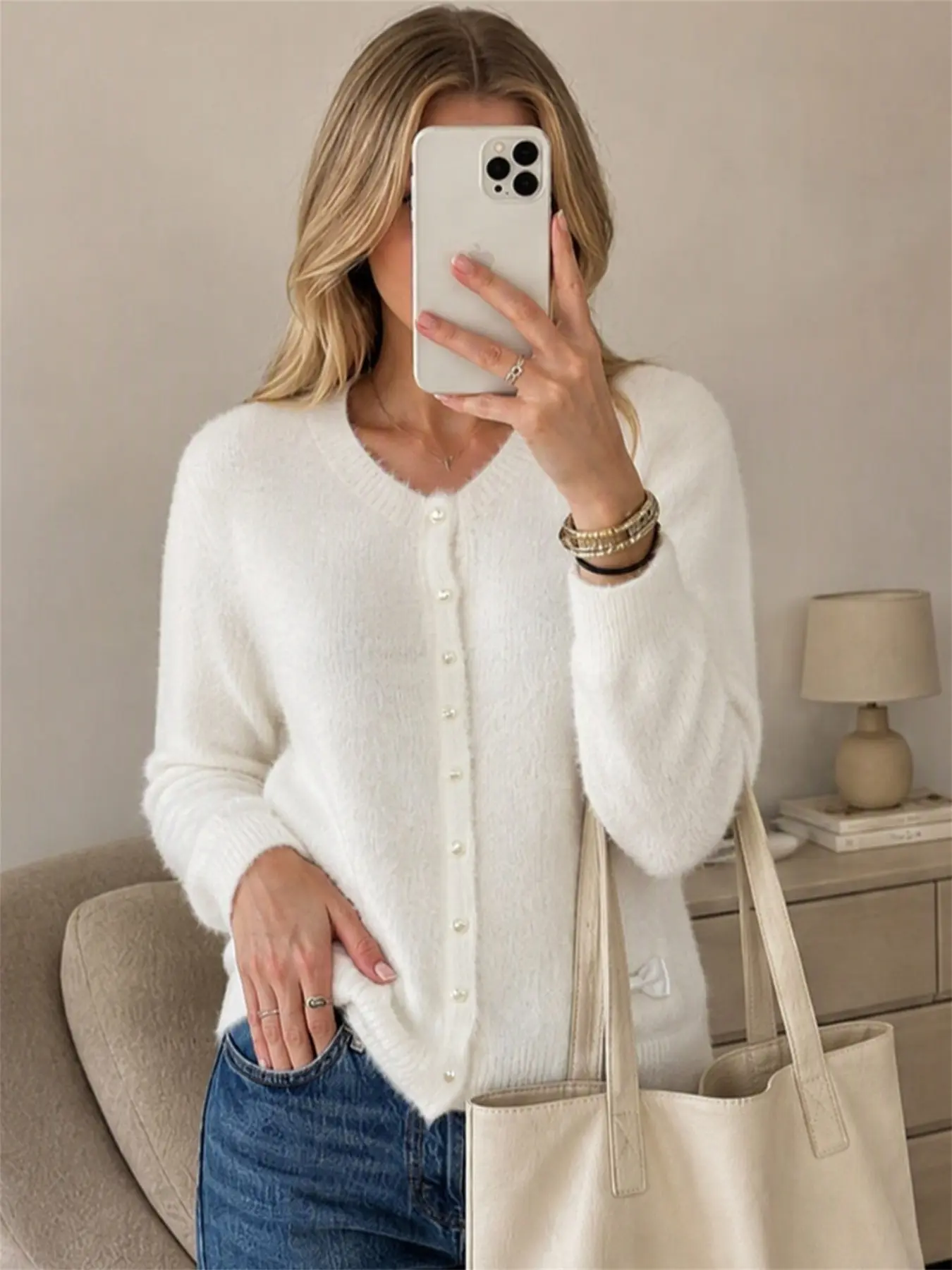 Fuzzy Knit Cardigan, V Neck Pearl Button Bow Decoration, Soft Long Sleeve Sweater, Casual Loose-Fitting Pullover, Modern Style