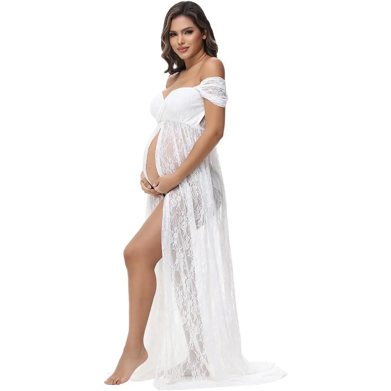 Women's Maternity Dress - Off-Shoulder Chiffon Lace Maxi Gown with Front Split, Maternity Shoot Outfits for Bump Style Photography, Pregnancy