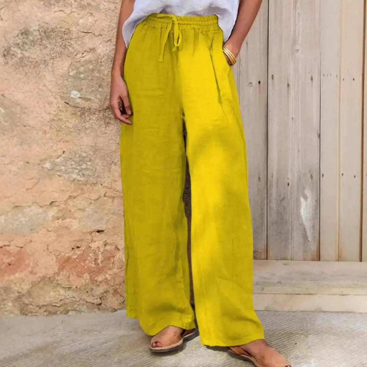 Women’s High-Waist Wide-Leg Elastic Drawstring Pants - Basic Bottoms with Pockets, Lightweight Comfortable Straight Trousers for Travel, Daily Wear