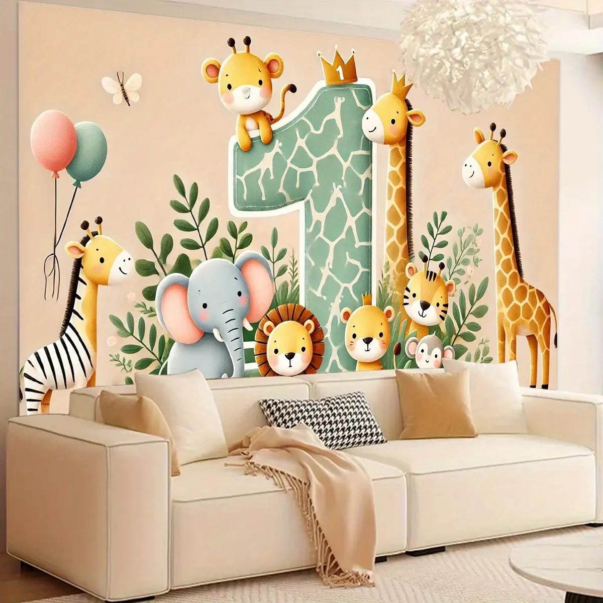 1pc Durable Polyester 2D Flat Banner - Happy Birthday Backdrop, Indoor Jungle Theme Party Decoration with Cartoon Lion, Elephant, Giraffe, Zebra, Studio Props (No Electricity Required), Indoors, One-Piece