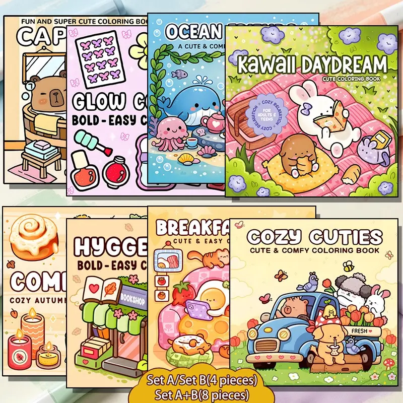 4/8Pcs Kawaii Cute Easy Coloring Book Set, Cozy Hygge Aesthetic Ocean Breakfast Cartoon Coloring Pages, Stress Relief Relaxing Art Activity Book For Adults Kids, DIY Leisure Time Gift,Back-to-school and holiday gifts