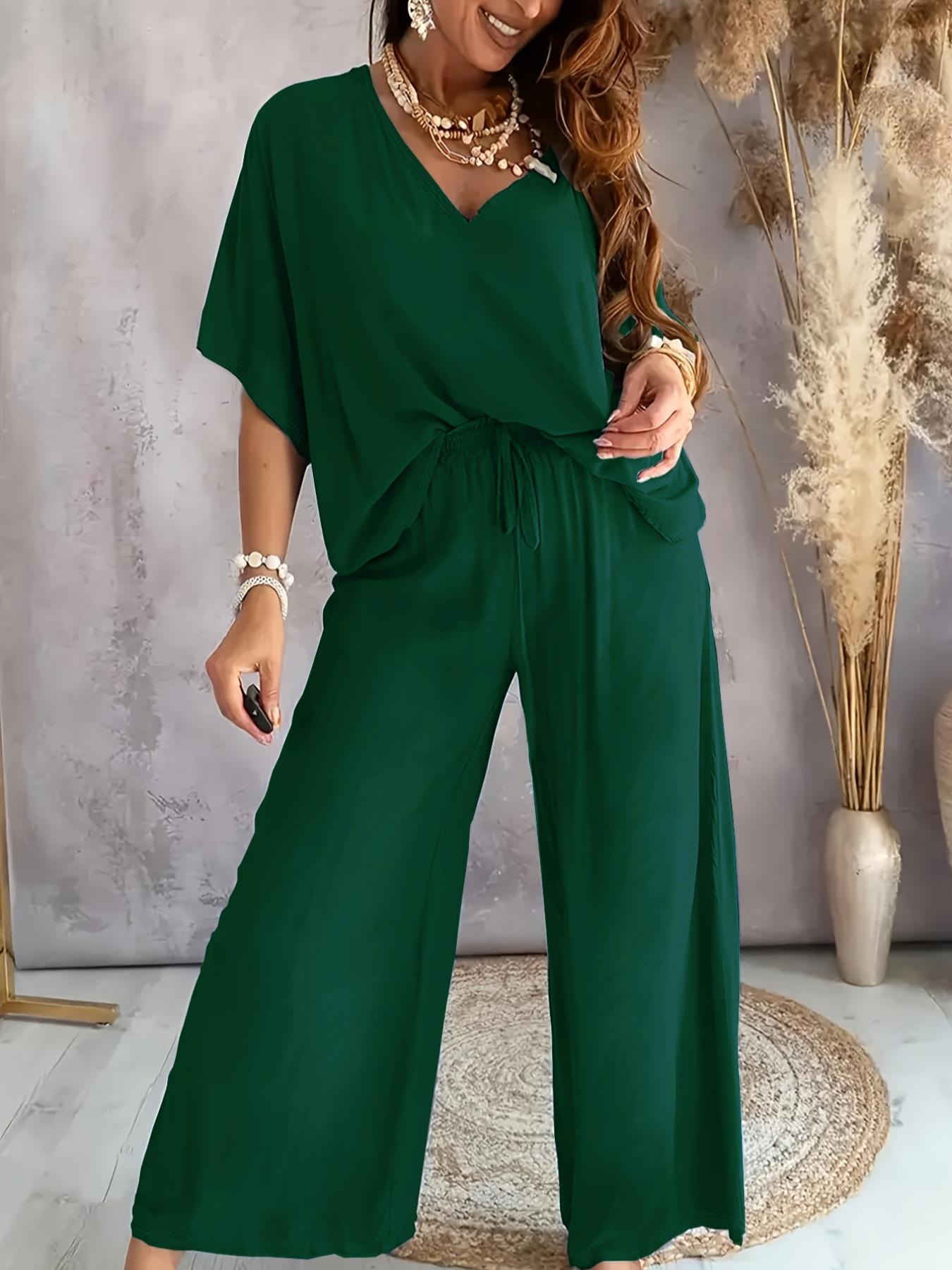 Women's V Neck Short Sleeve Loose Knit Wide Leg Pants Set, Casual Home Wear Two-Piece, Comfortable and Stylish Clothing