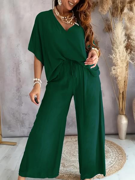 Women's V Neck Short Sleeve Loose Knit Wide Leg Pants Set, Casual Home Wear Two-Piece, Comfortable and Stylish Clothing