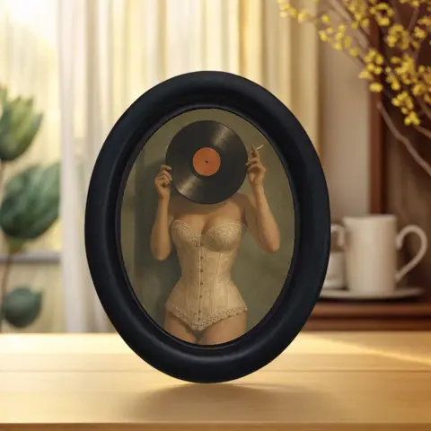 Vintage Fun Vinyl Record Head Compression Garment Portrait Oval Frame Decorative Painting, American Retro Unique Desktop Oil Painting, Oval Wall Decor, Decorative Artwork