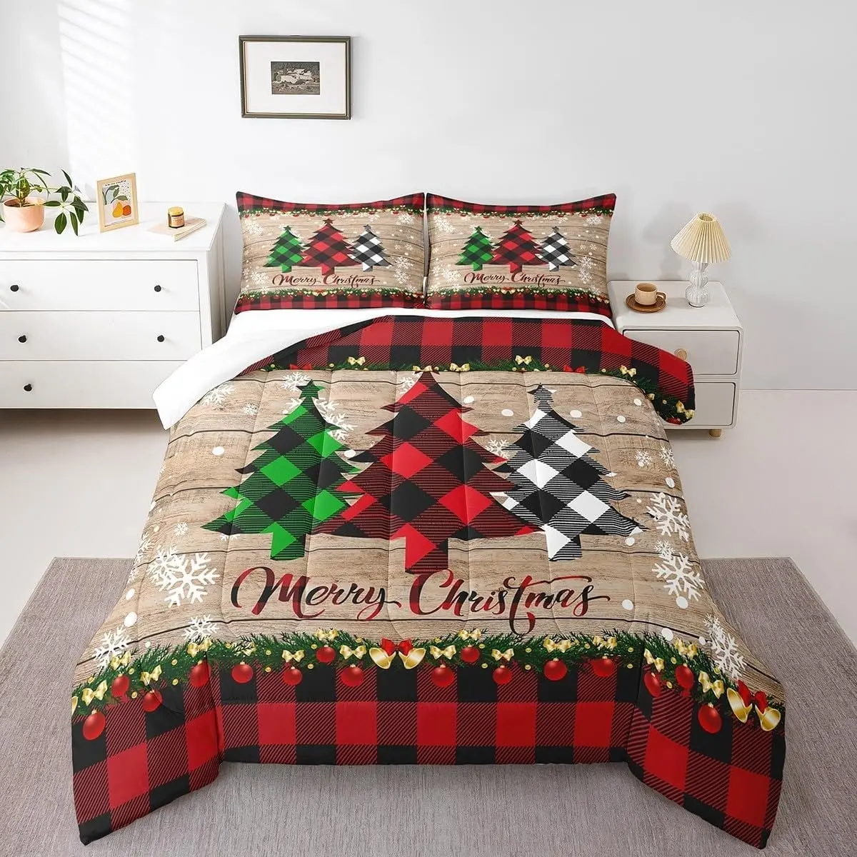3-Piece Christmas Red Plaid Quilt Set with Christmas Tree & Snowflake Motifs (1 Quilt + 2 Pillow Shams, Pillow Inserts Not Included) Filled with 200gsm batting, this quilt delivers ultra-soft comfort and is ideal for bedroom home decor.