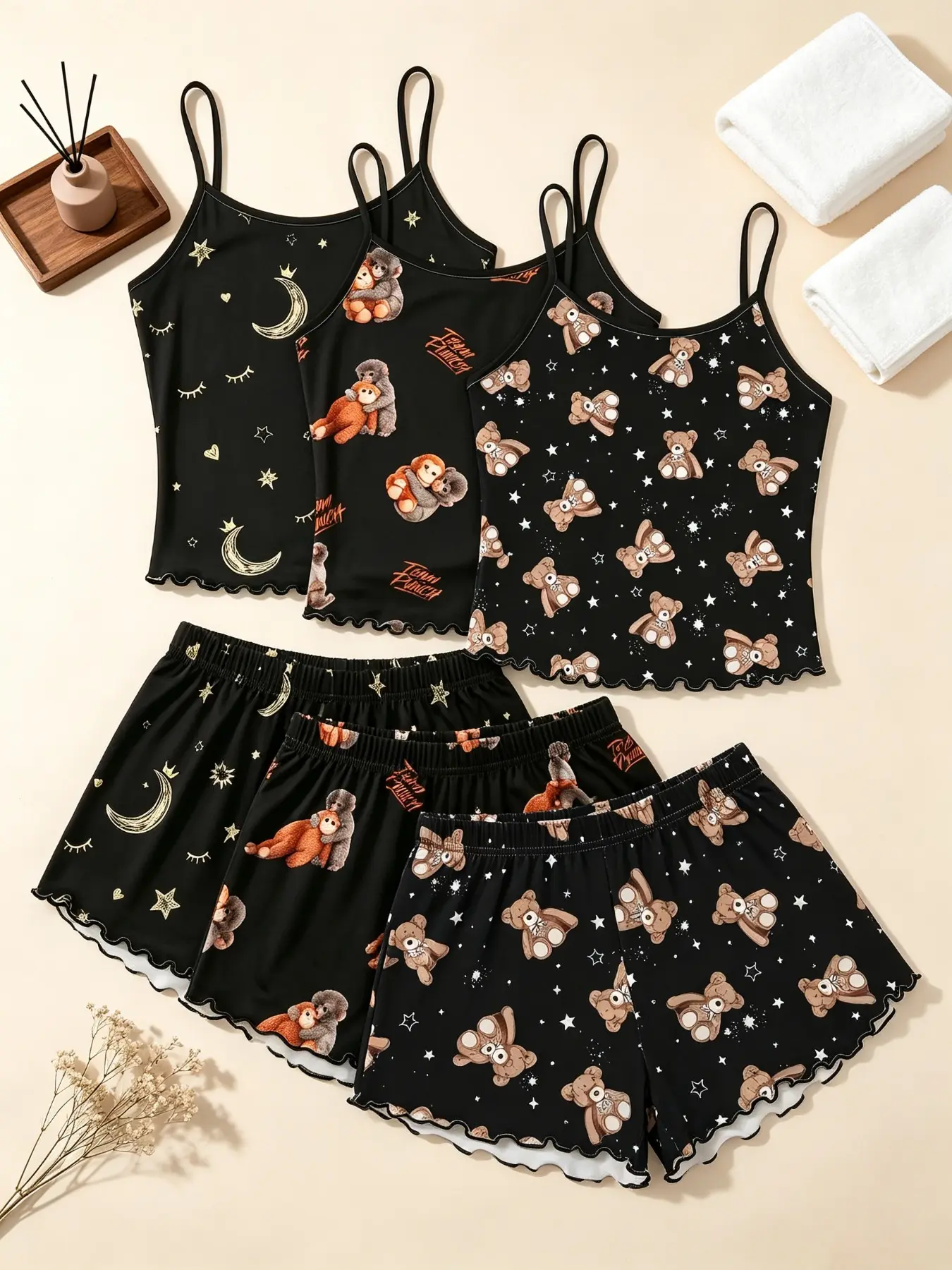 Women's Sleepwear 6 Piece Matching Bundle, Camisole Sets, Dark Coquette Aesthetic Teddy Bear Moon Star Print Summer Style Spaghetti Strap Lettuce Ruffle Hem Contrast Trim Silky Soft Breathable Lightweight Cami Short Pant Set Home Sleepover Lounge Wear