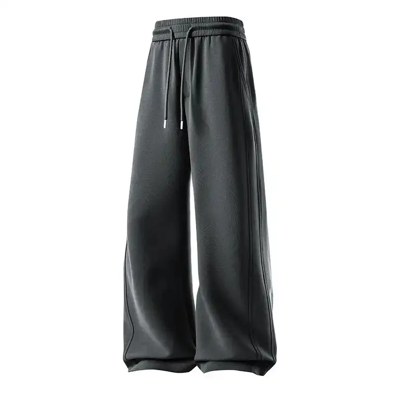 Menswear Men's Plain Solid-Color Athletic Sweatpants - Mid-Rise Elastic Waistband with Drawstring, Wide Straight Floor-Sweeping Legs, Side Piping, Fluid Drape, Soft Skin-Friendly Fabric, Relaxed Casual Style for Commuting