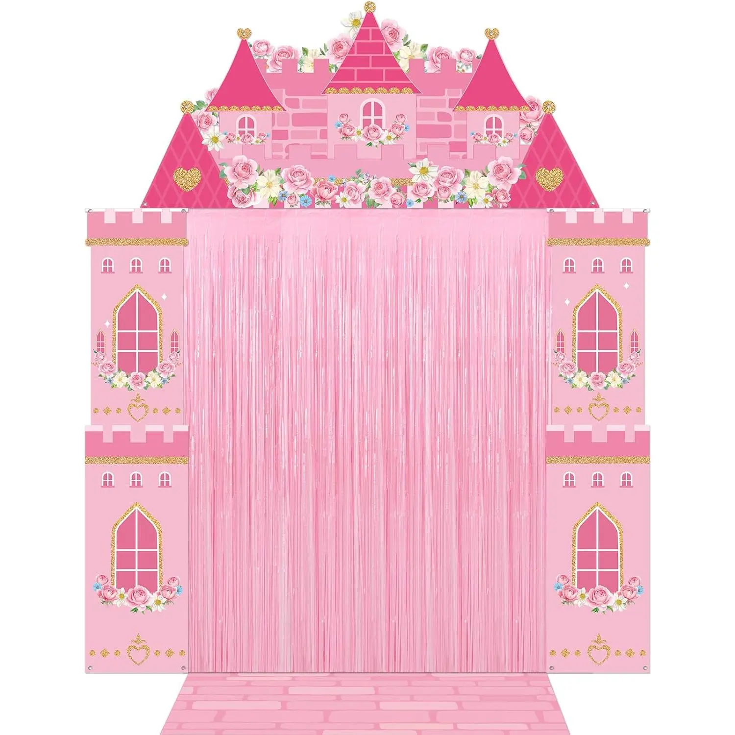 Pink Princess Party Decorations Princess Castle Door Banner Pink Rug with Tinsel Foil Fringe Curtains Castle Flower Porch Banner Photo Background for Women Girls Birthday Baby Shower Party Supplies