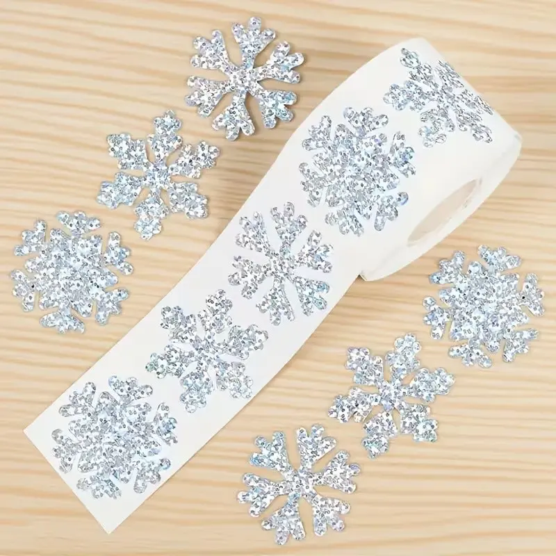 Winter Snowflake Stickers Roll - 500 Sheets, Laser Silver Color, Waterproof Self-Adhesive, High Gloss, Holiday Decor, DIY Crafts