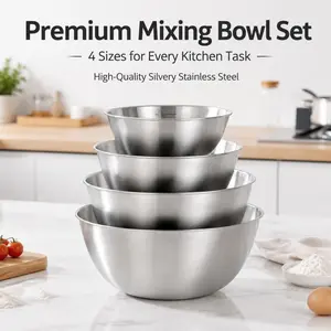 4 Pack Stainless Steel Mixing Bowls Set, Nestable Stackable Metal Prep Bowls with Measurement Mark for Baking, Cooking & Salad Making