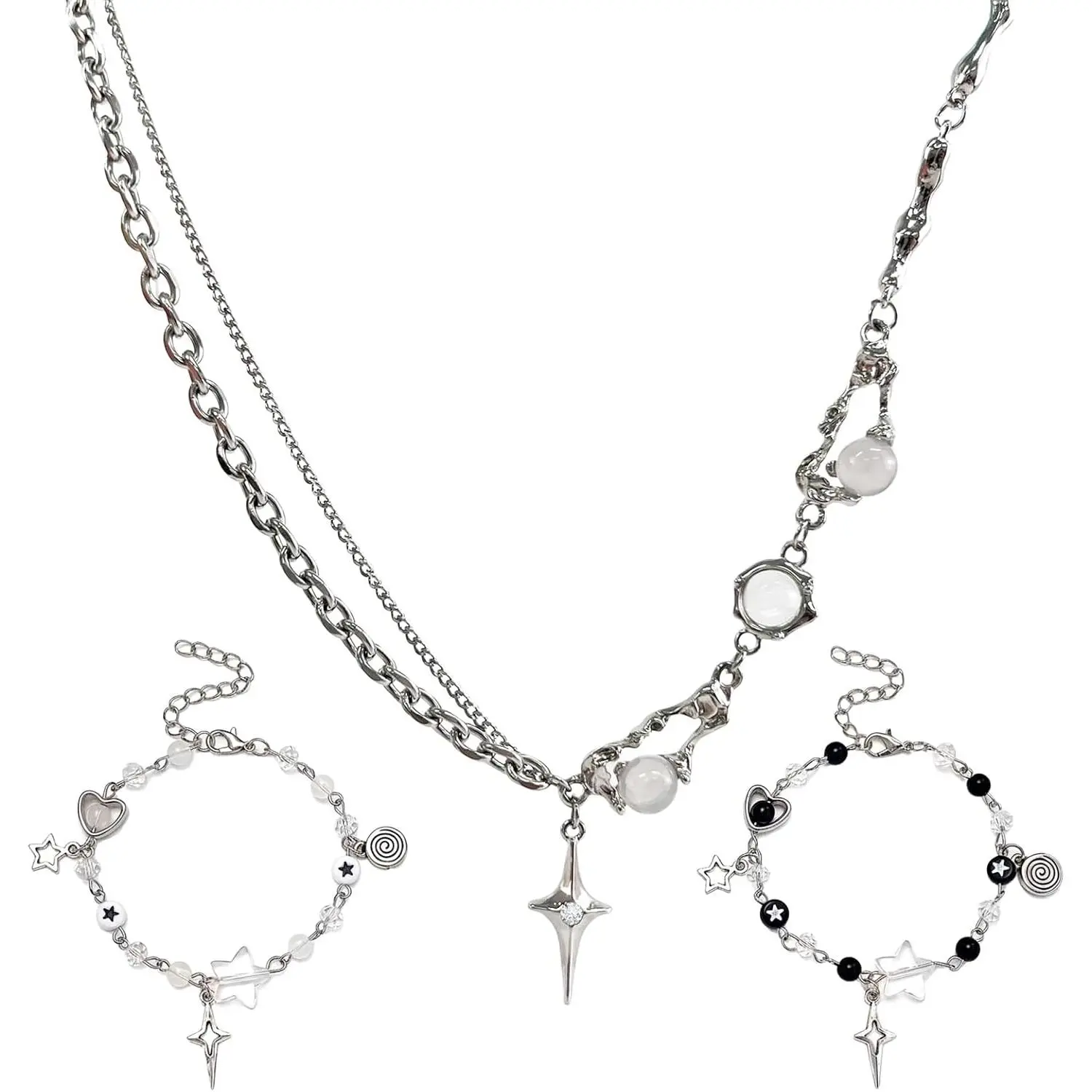3 count Y2K Necklace with Bracelets Set,  Punk  Layered Necklace and  Bracelets with Moonstone Pendant,  Gothic Grunge Accessories Set for Women