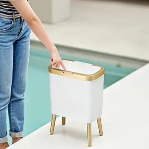 Luxury Gold Trim Tall Press Bin, High Metal Legs, No Bending, One-Button Open, Sealed Lid, Narrow Design, Kitchen & Dining, Waterproof, Easy Clean