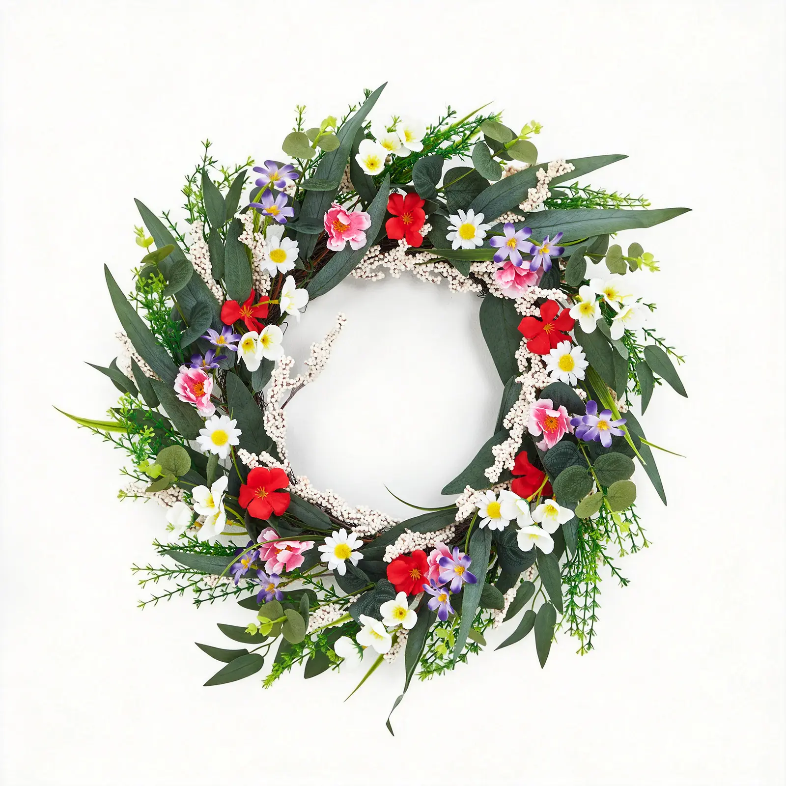 Artificial Wildflower Wreath for Front Door - 20 Inch Spring Floral Wreath with Eucalyptus and Daisies - Farmhouse Wall Window Wedding Home Decor