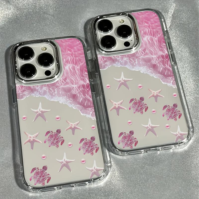 Phone case suitable for iPhone 17, 16 Pro Max, 15 Plus, 14, 13, 12 series. - Luxurious pink beach-themed phone case with transparent electroplated lens design
