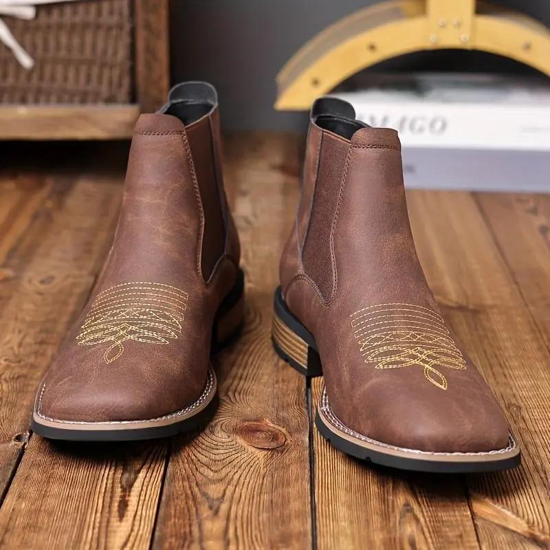 Men's Western Embroidered Chelsea Ankle Boots, Pull-On Elastic Gusset, Cowboy Style Casual Work Boots for American Men