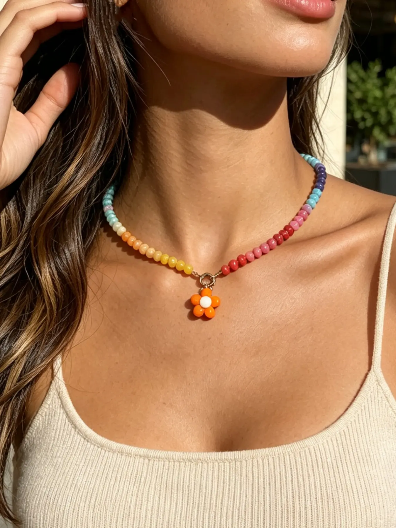 Rainbow Gradient Flower Necklace, Y2K Millennial Retro Style, Handmade Colorful Jade Beads, 3D Flower Pendant, Beach Travel Accessory