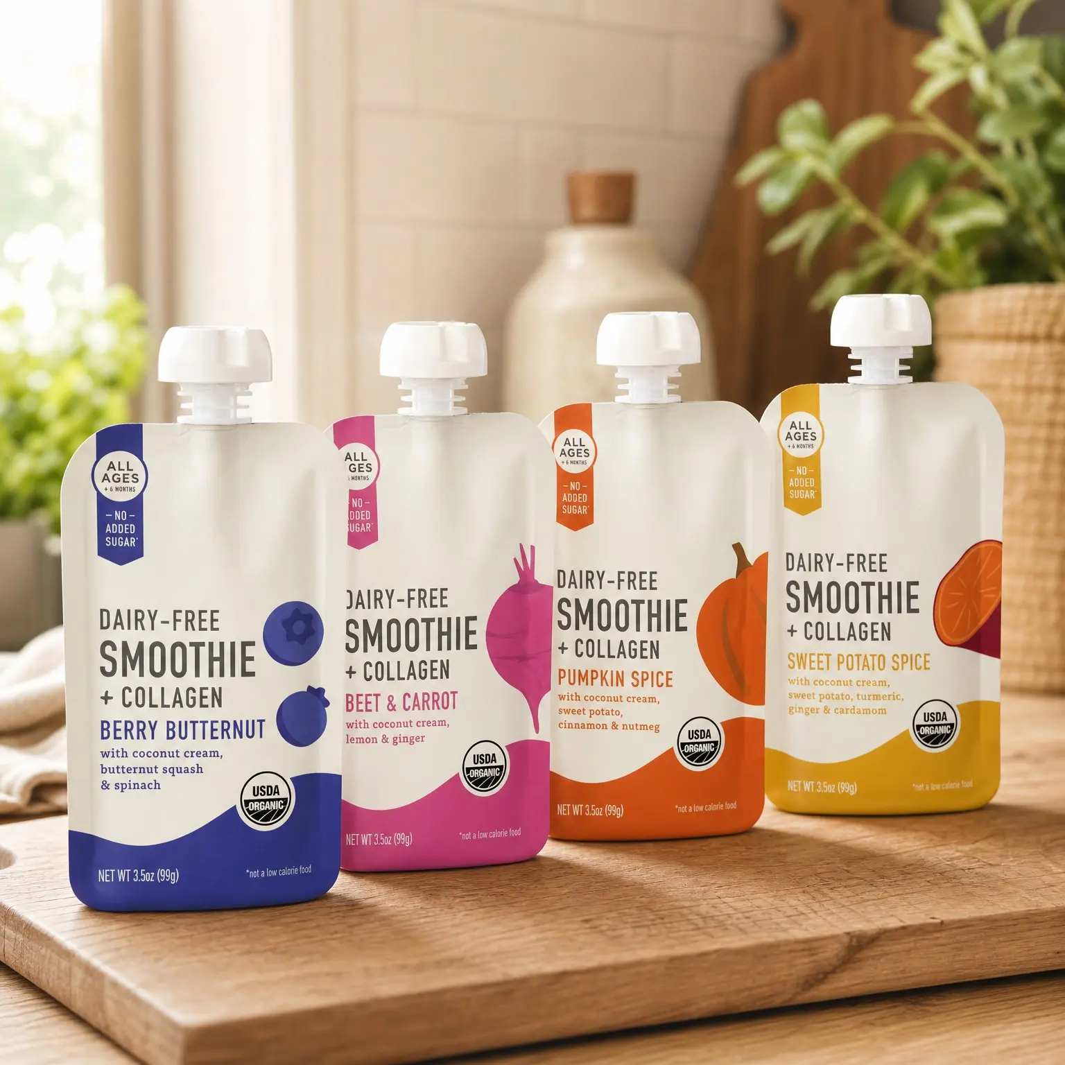 USDA Organic Dairy-Free Baby Food Pouches for 6+ Months - Protein Snack with Grass-Fed Collagen & Healthy Fats, No Added Sweeteners - 3.5 Fl Oz, Pack of 8(Gift)