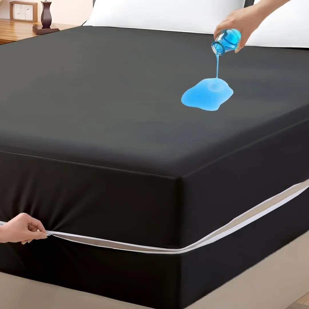 Mattress Protector King Size 100% Waterproof Zippered Cover, 15 Inches Deep, Six-Sided Mattress Encasement for Bed, Zipper Closure Style (Dark Grey)