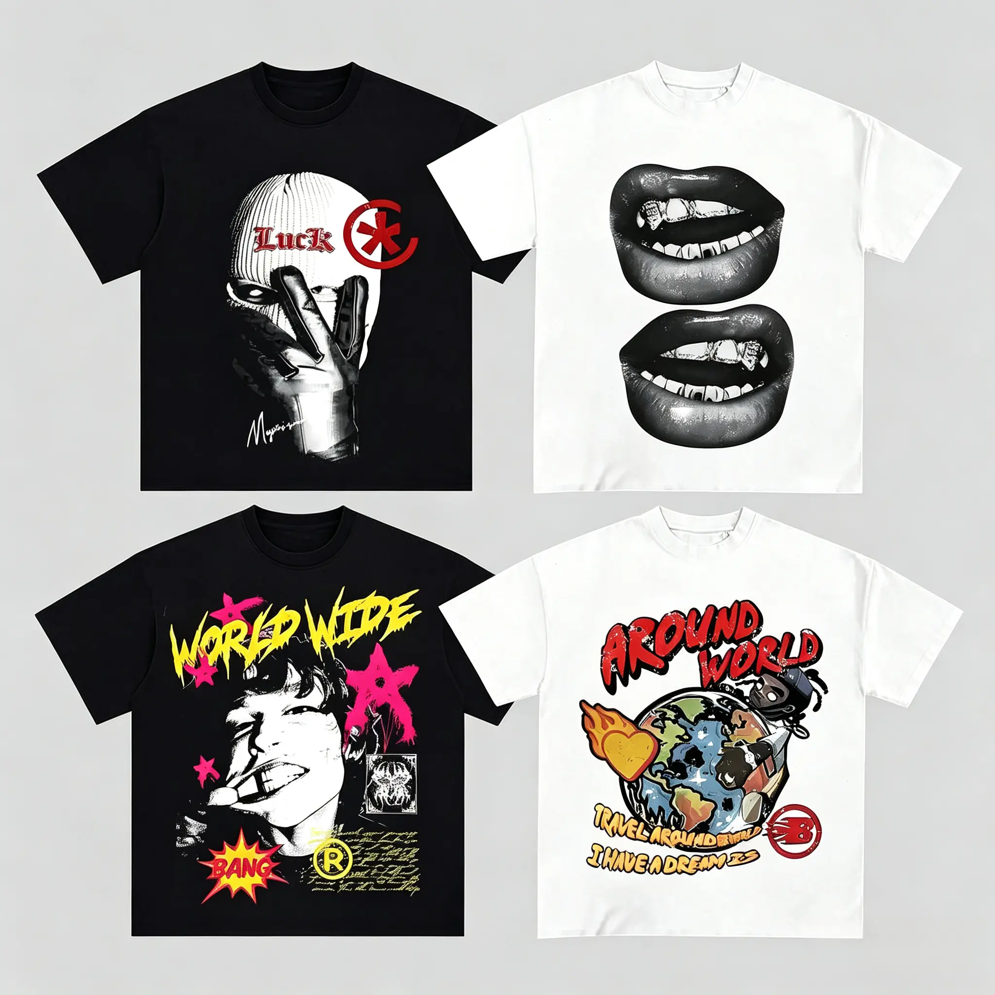 Vintage Hip Hop Graphic T Shirts  Ski Mask Lips World Wide Around World Print Oversized Acid Wash Short Sleeve Tees Y2K Streetwear Unisex Casual Top For Men Women