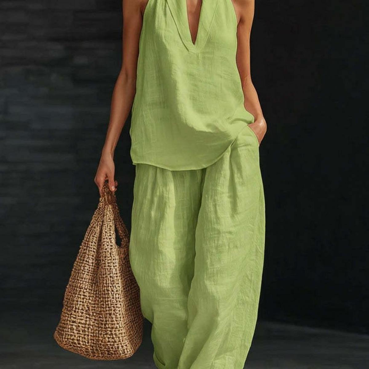 Boho Halter Neck Two Piece Set - Perfect for Beach & Vacation! Sleeveless Top Wide Leg Pants # TwoPieceSet # HalterNeck # WideLegPants # Sleeveless # SummerOutfit # BohoFashion # Outfit of the Day # WomensFashion # CasualWear