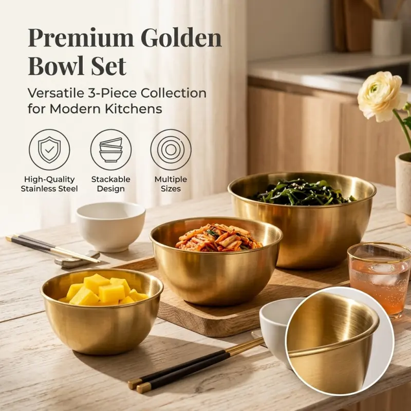 3 Pcs Premium Versatile Golden Stainless Steel Mixing Bowl Set, Stackable Multi-Size Metal Nesting Bowls for Modern Kitchen Baking Salad Food Prep Storage