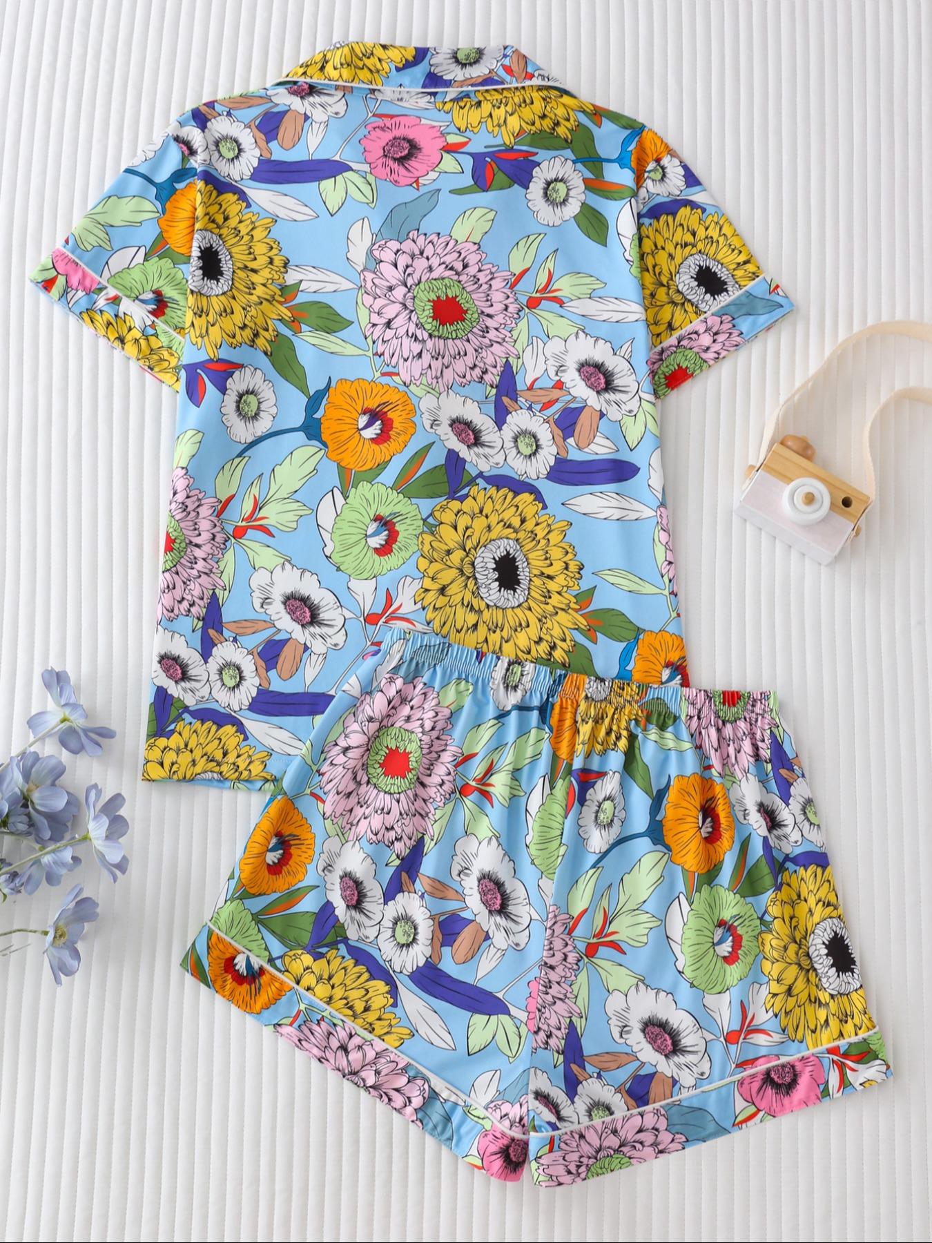 Women's Floral Print Lapel Neck Button Front Shirt & Elastic Waist Shorts Pyjama Two-piece Set, Casual Comfy Short Sleeve Pocket Top & Shorts Pj Set, Ladies Summer Sleepwear, Cute Pajama Sets Women, Pajamas, Button Closure Top