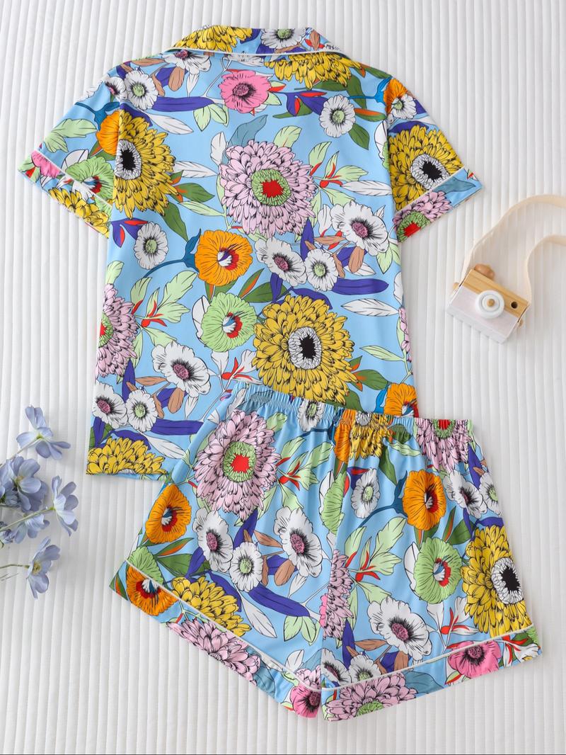 Women's Floral Print Lapel Neck Button Front Shirt & Elastic Waist Shorts Pyjama Two-piece Set, Casual Comfy Short Sleeve Pocket Top & Shorts Pj Set, Ladies Summer Sleepwear, Cute Pajama Sets Women, Pajamas, Button Closure Top